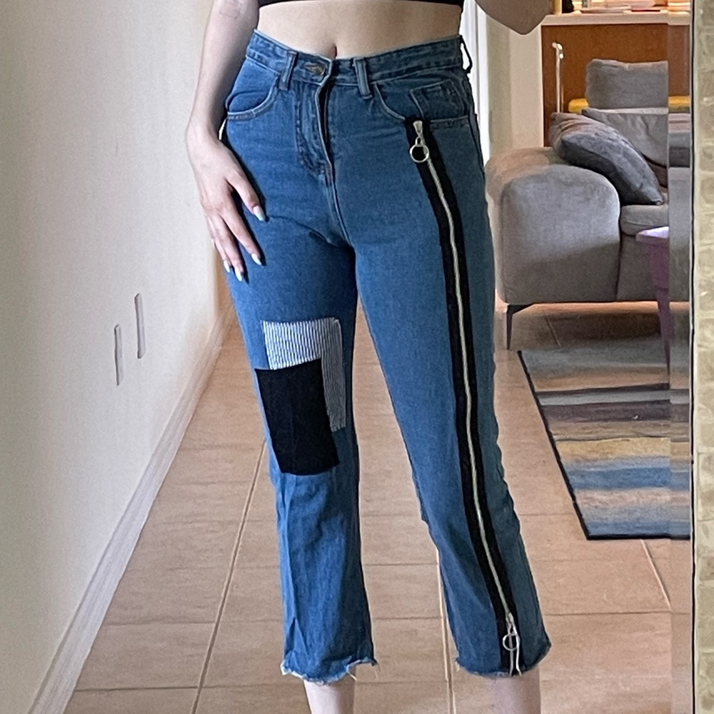 Patched zipper jeans
